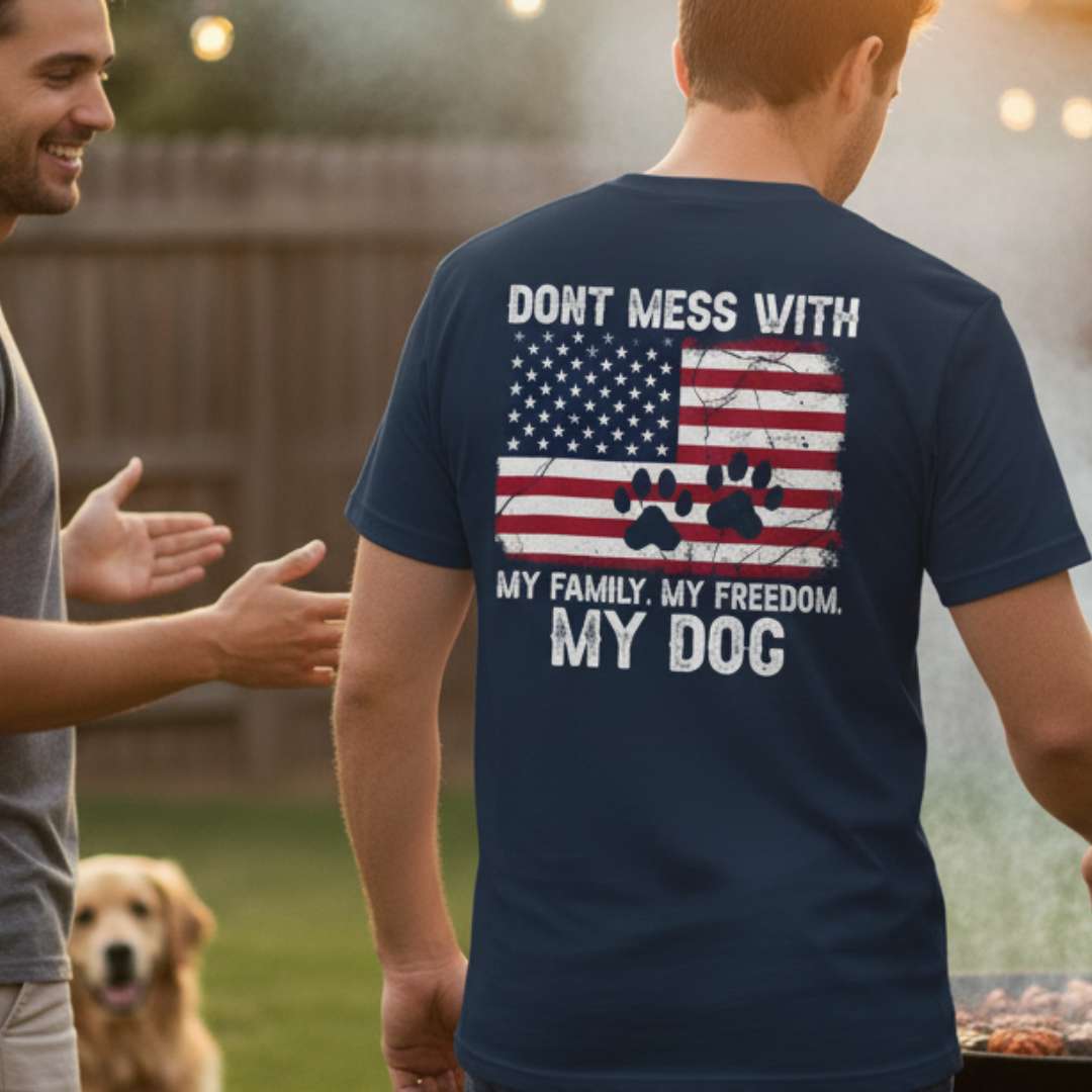 Dont Mess With My Dog - Patriotic Tee with Paw Print and American Flag Mens TShirt