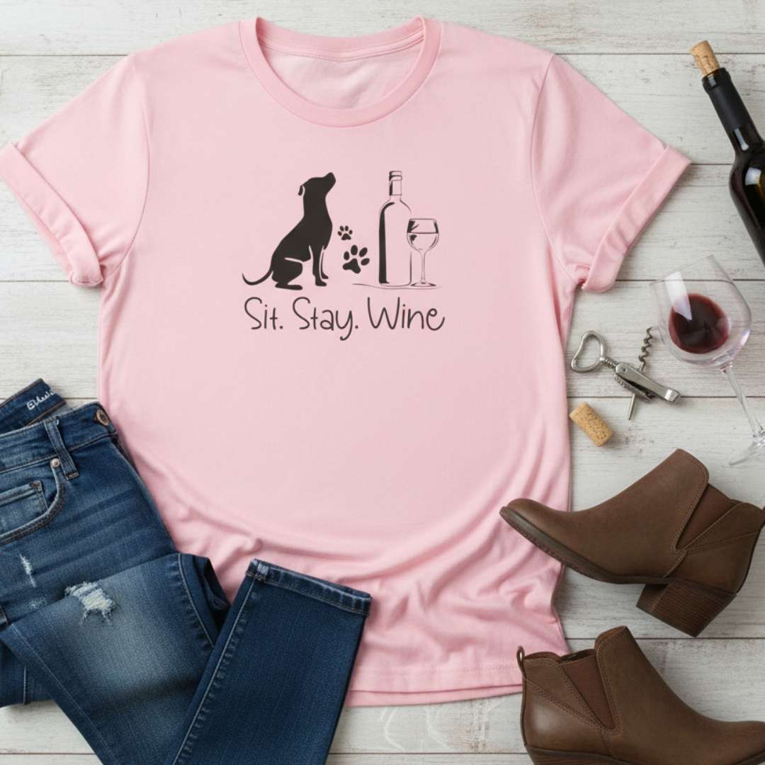 Sit Stay Wine | Dog and Wine Lovers Womens Tshirt