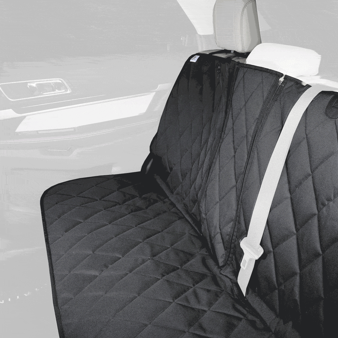 Animated GIF of a 4Knines machine washable dog seat cover being installed in a car.